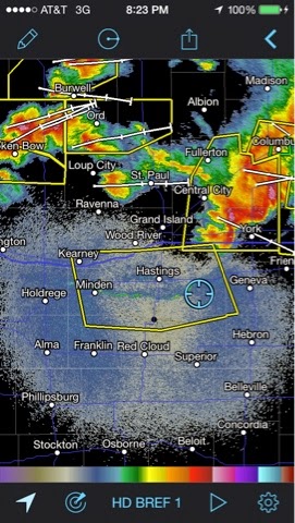 The blue circle is our position and light bowing right on top of us is the outflow boundary. (Photo credit: Joe Slezak)