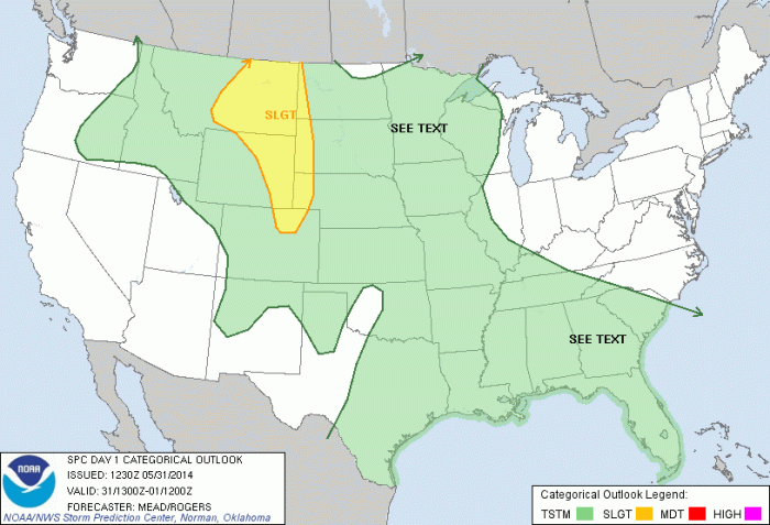 SPC puts MT and WY under a Slight risk. Valid 5/31/14 13Z