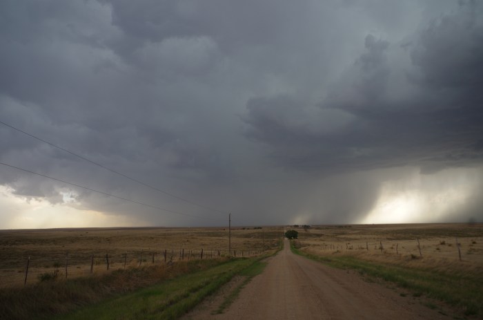 Massive rain shaft of the storm - hail core can be seen in the lighter shade towards the right side of the rain shaft.
