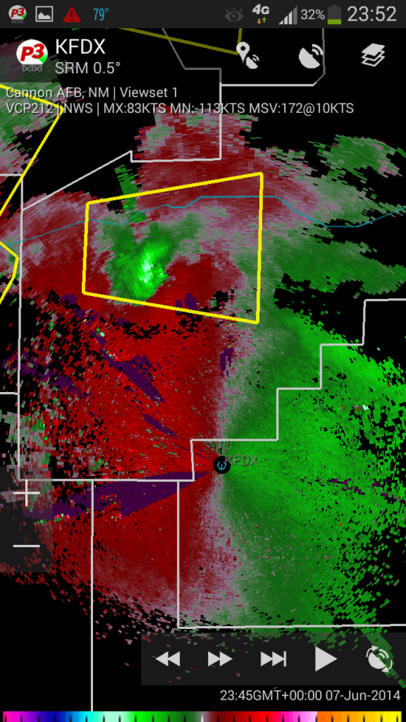 Strong gate-to-gate shear in the velocity couplet, signaling intense rotation in the storm.